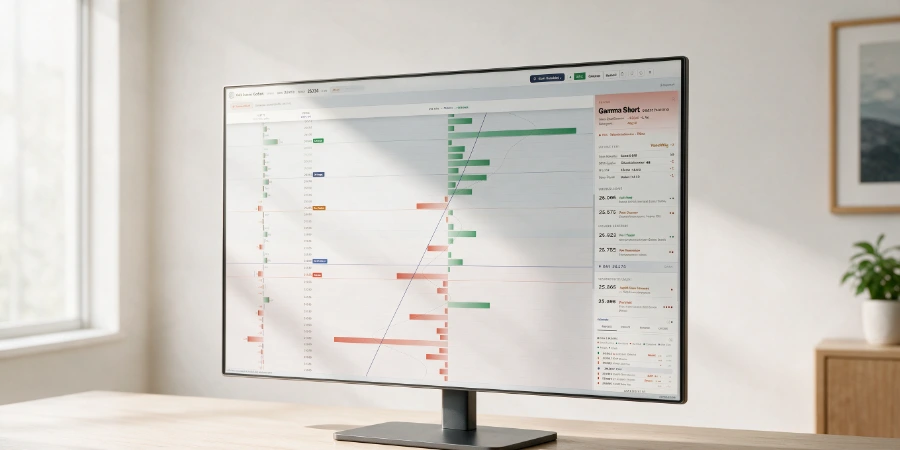 Monitor auf einem Schreibtisch zeigt das vollstaendige DAX Gamma Cockpit: Net Open Interest je Strike, Net-GEX-Profil und die Level-Sidebar mit Call Wall, Zero Gamma und Put Wall